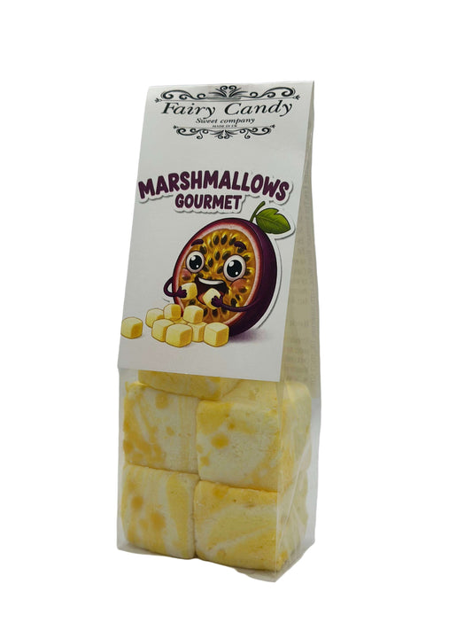 Pack of gourmet marshmallows with a cartoon passion fruit on a white background