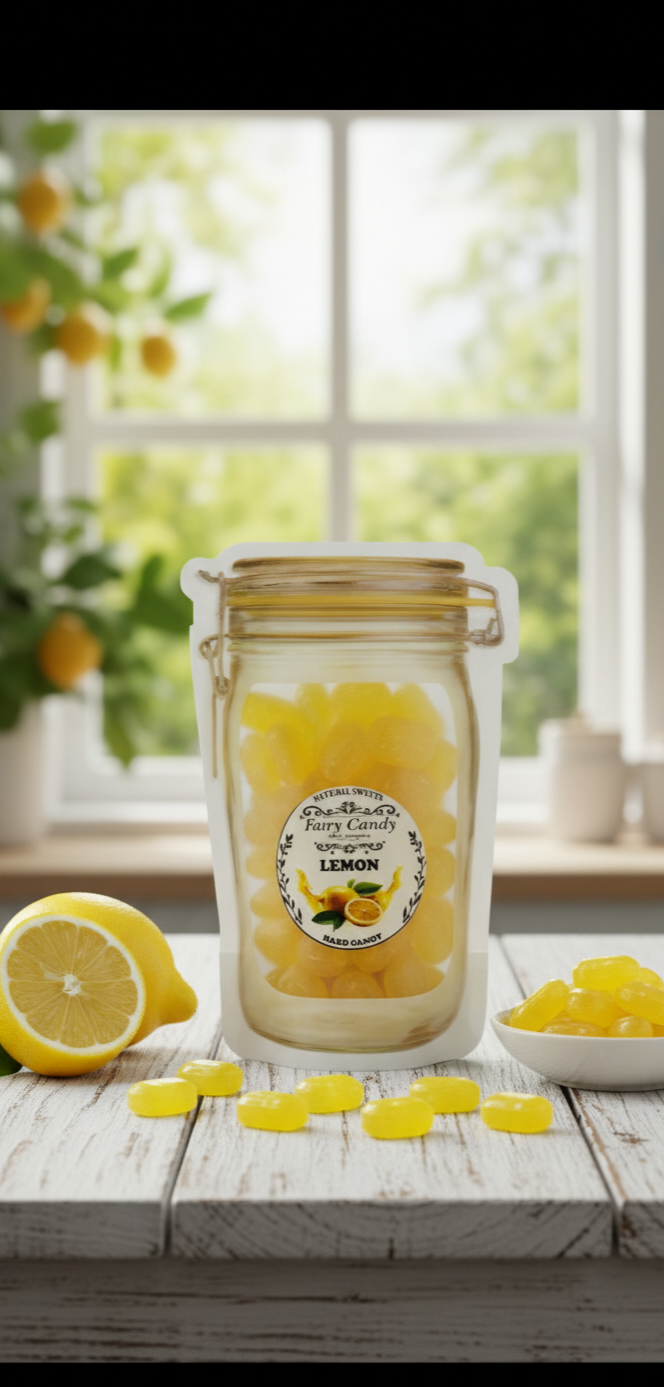 Jar of lemon candies on a wooden table with lemons and a window in the background