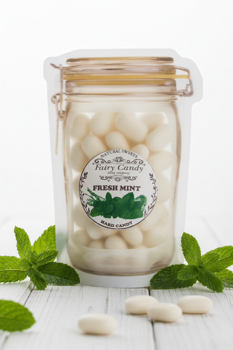 Jar of fresh mint candy with a label on a white background