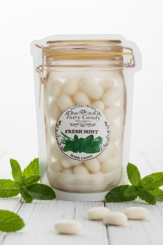 Jar of fresh mint candy with a label on a white background