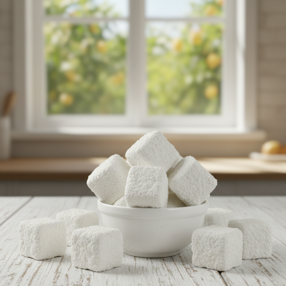 White marshmallows in a bowl on a wooden table with a window in the background coconu marshmallows handmade marshmallows