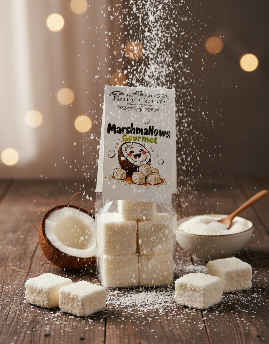Gourmet marshmallows with a coconut and a bowl on a wooden surface, featuring a branded package.