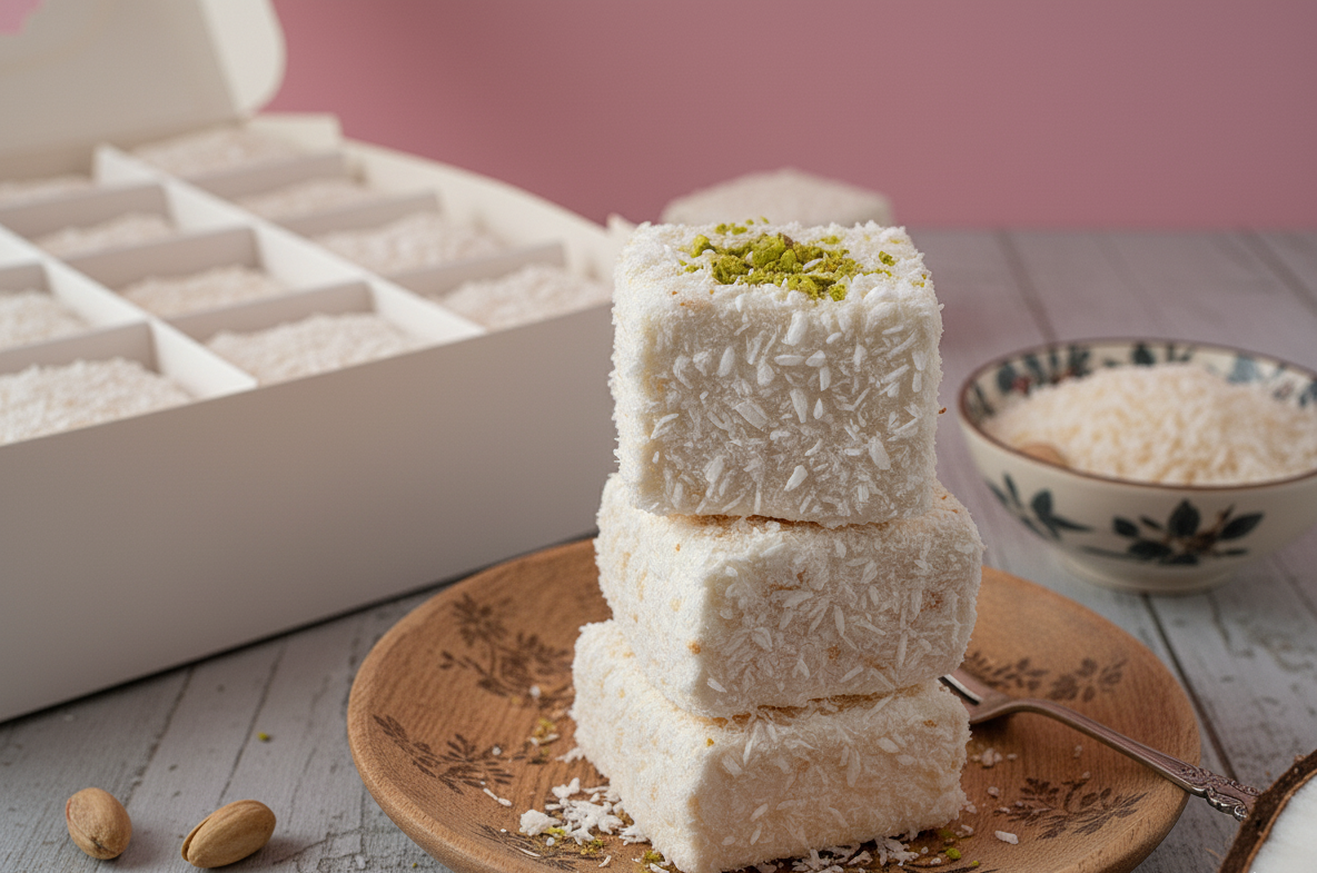 Stack of white coconut squares on a decorative plate with a pink background coconut gourmet marshmallows