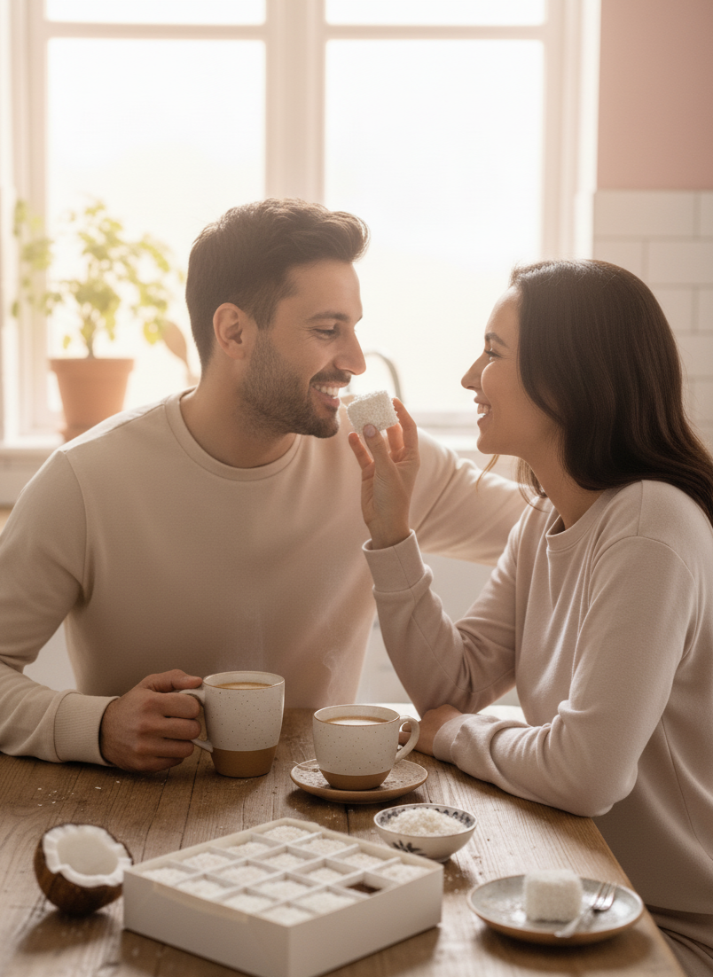 Man and woman sharing a moment over coffee at a table with a warm, inviting atmosphere. Eating gourmet marshmallows Fairy Candy