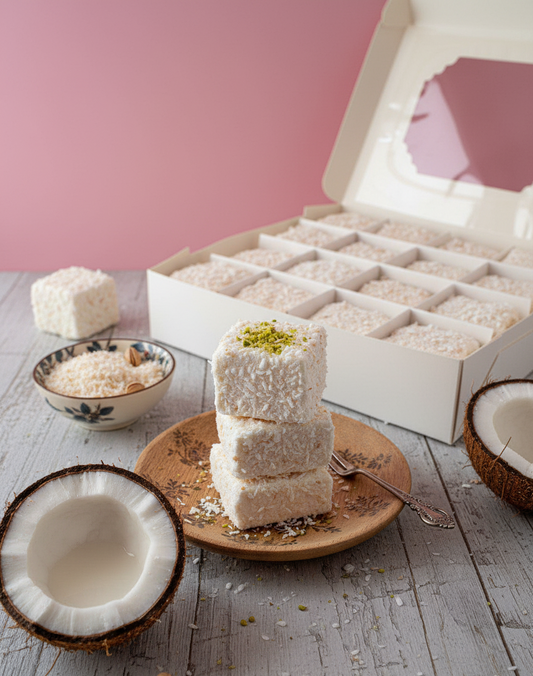 Coconut-flavored marshmallows on a plate with a box of marshmallows in the background.