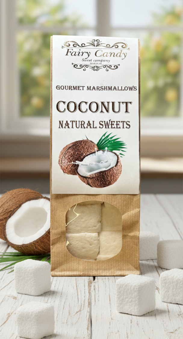 Coconut flavored marshmallow package on a wooden surface with coconuts and marshmallows.