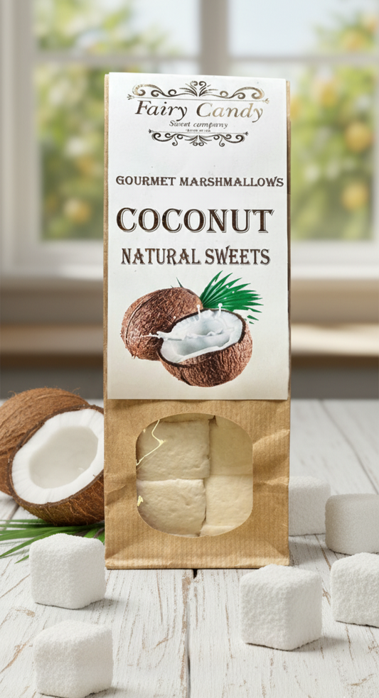 Coconut flavored marshmallow package on a wooden surface with coconuts and marshmallows.