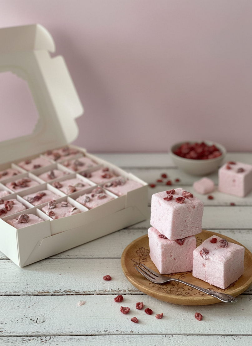 Pink marshmallows with red seeds on a wooden plate and in a box against a light pink background. sugar, water, glucose syrup, beef gelatine (E441),
natural Vanilla extract,natural coconut flavour,
desiccated coconut , icing sugar, corn starch,
citric acid (E330), salt, vegetable glycerine (3%), preservative: potassium sorbate, salt, icing sugar, corn starch, rice bran oi