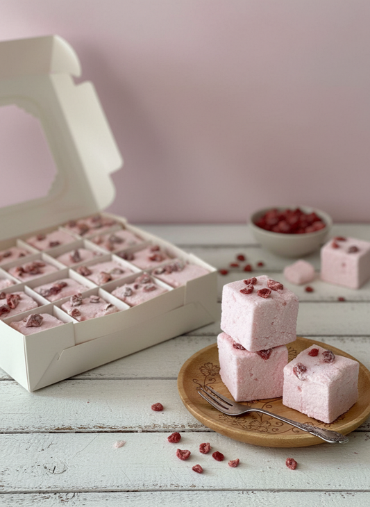 Pink marshmallows with red seeds on a wooden plate and in a box against a light pink background. sugar, water, glucose syrup, beef gelatine (E441),
natural Vanilla extract,natural coconut flavour,
desiccated coconut , icing sugar, corn starch,
citric acid (E330), salt, vegetable glycerine (3%), preservative: potassium sorbate, salt, icing sugar, corn starch, rice bran oi