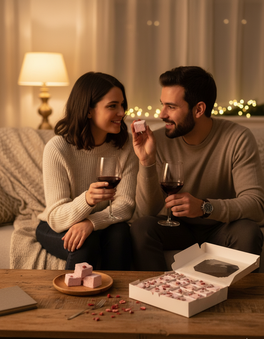 Couple enjoying a romantic evening with wine and pastries on a cozy couch. gourmet srawberry marshmallows