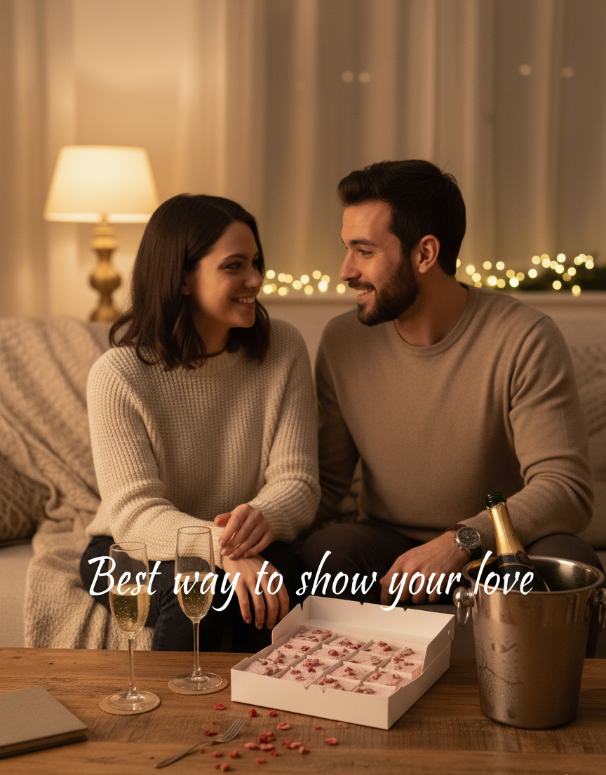 Couple sitting together with a box of gourmet srawberr marshmallows and wine glasses on a wooden table.