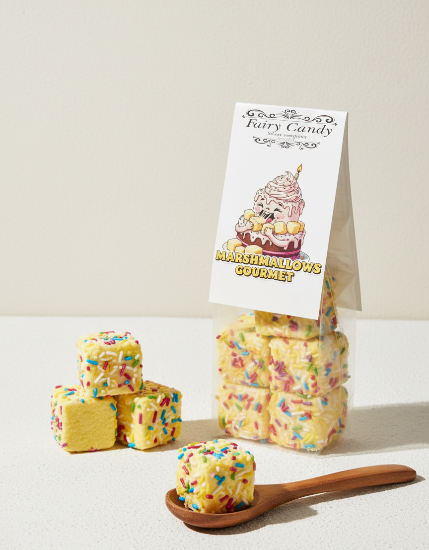 Colorful marshmallow gourmet cubes with a branded packaging label on a light background marshmallows, gourmet marshmallows, handmade marshmallows, artisanal marshmallows, sweet treats, chewy treats, desserts, confectionery, sweets, gourmet sweets, birthday cake marshmallows, bubblegum marshmallows, coconut marshmallows, cherry marshmallows, banana marshmallows, passion fruit marshmallows, pineapple marshmallows, rhubarb and custard marshmallows, strawberry marshmallows, watermelon marshmallows, party favors