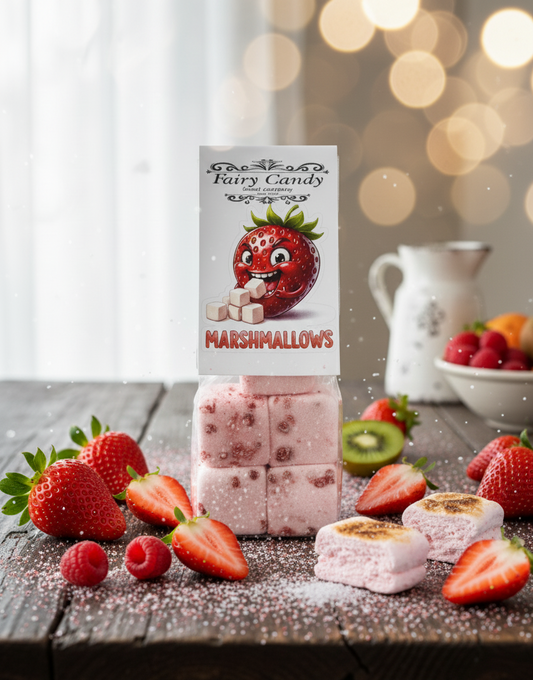 Pack of strawberry-flavored marshmallows with packaging on a wooden surface with strawberries and raspberries.