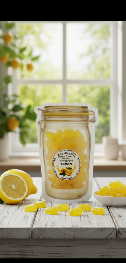 Jar of lemon candies on a wooden table with lemons and a window in the background
