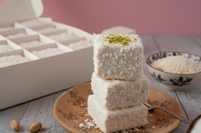 Stack of white coconut squares on a decorative plate with a pink background coconut gourmet marshmallows 