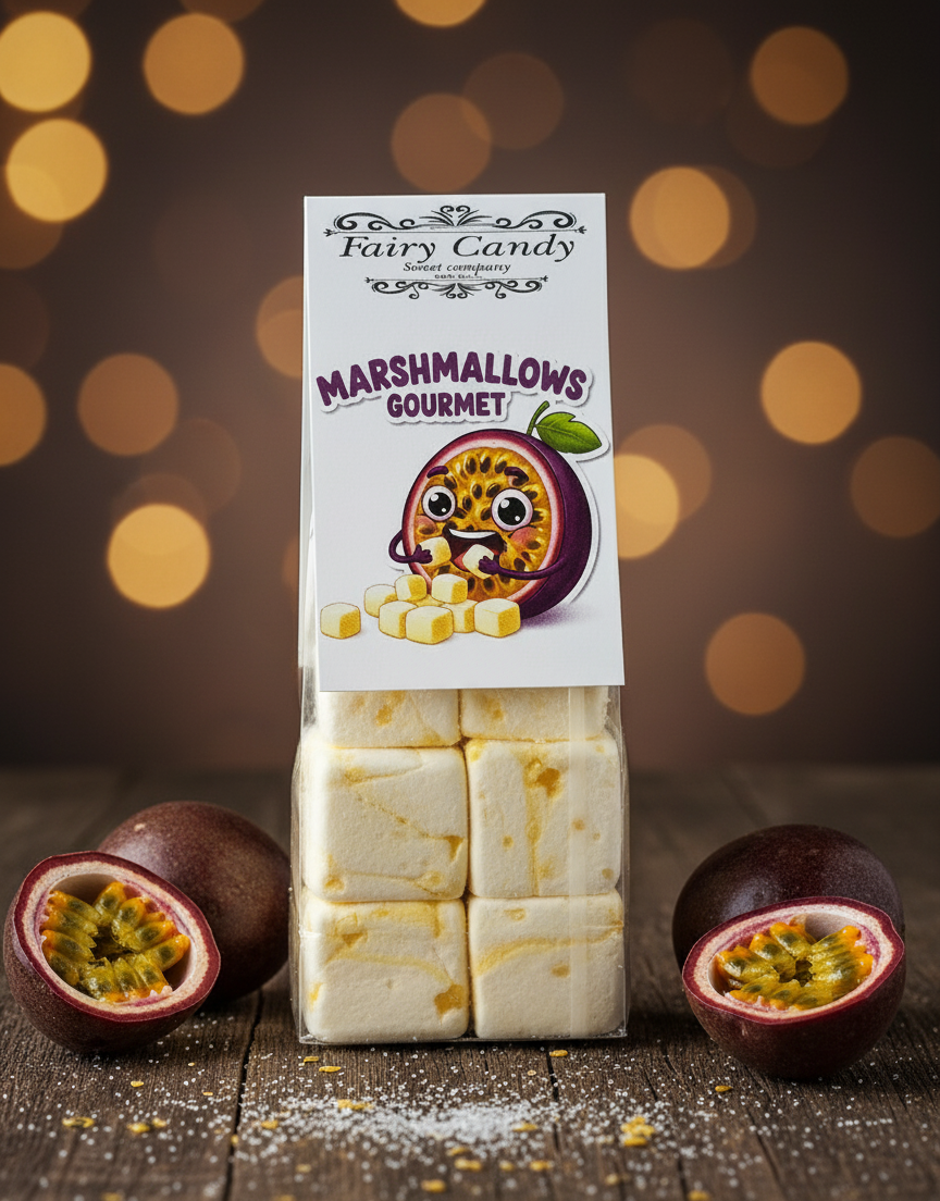 Packaged marshmallows with a label featuring a cartoon character, surrounded by passion fruits on a wooden surface.