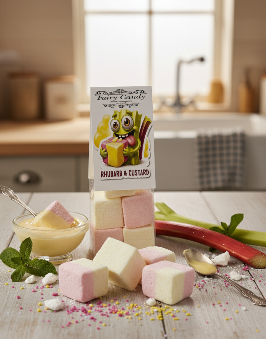 Marshmallow package with marshmallows on a kitchen counter rhubarb and custard gourmet marshmallows